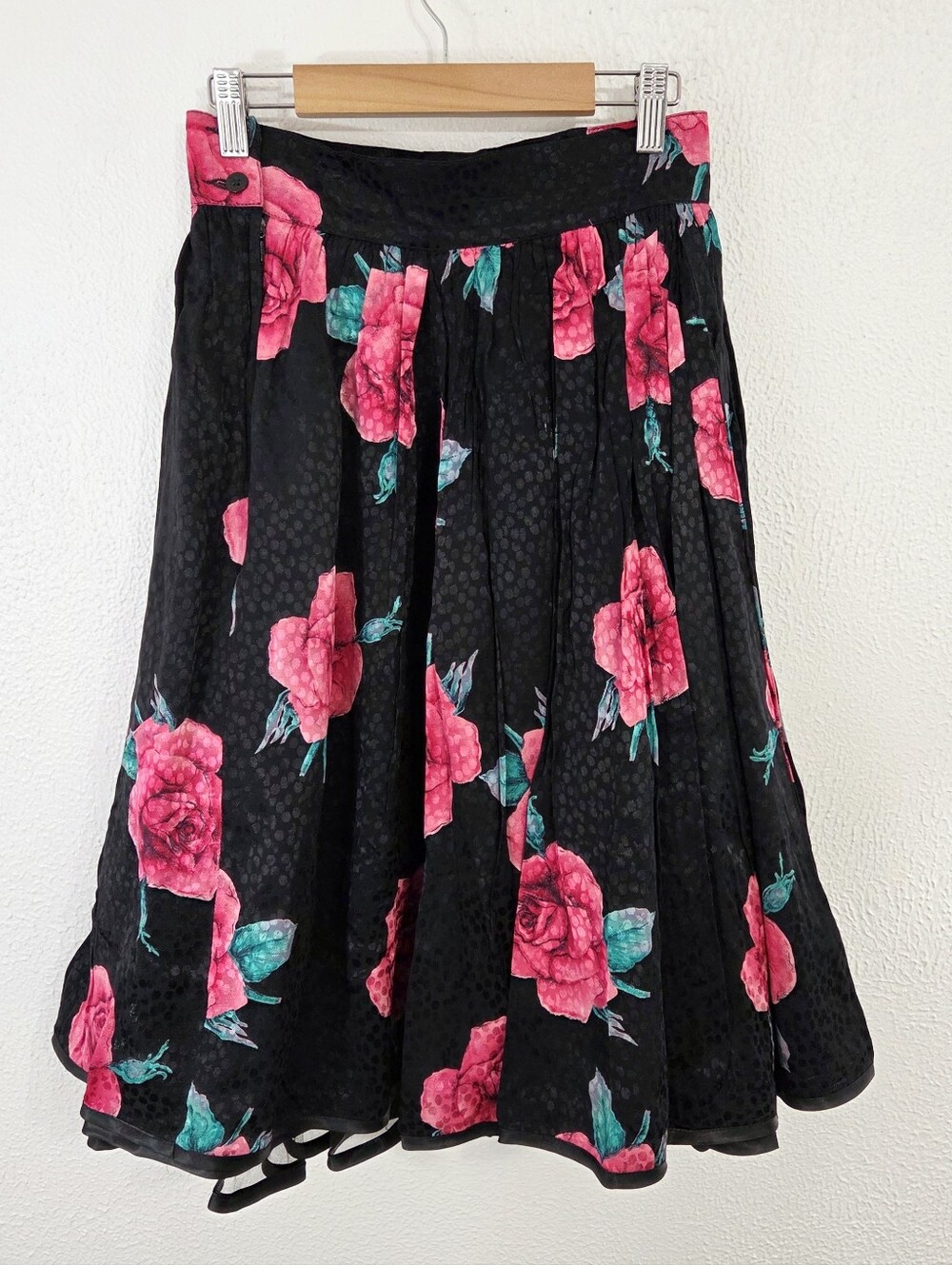 Vintage Mondi floral midi skirt black pink roses satin magenta tulle women's 42 - Picture 2 of 7